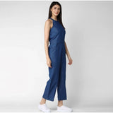 Blue denim women's solid sleeveless jumpsuit with zip closure and ankle-length pants