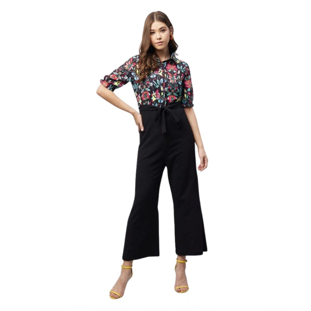 Multicolor floral print polyester jumpsuit with shirt collar neck, short sleeves, ankle length, button closure, and pant bottom style