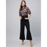 Multicolor floral print polyester short sleeve jumpsuit for women, featuring shirt collar neck, short sleeves, ankle length, button closure, pant bottom