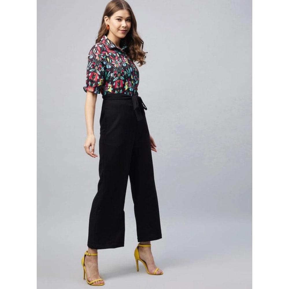 Multicolor polyester floral short sleeve women's jumpsuit with shirt collar neck, button closure, ankle length pant bottom