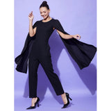Black polyester solid cape sleeve jumpsuit for women on model, concealed zip closure