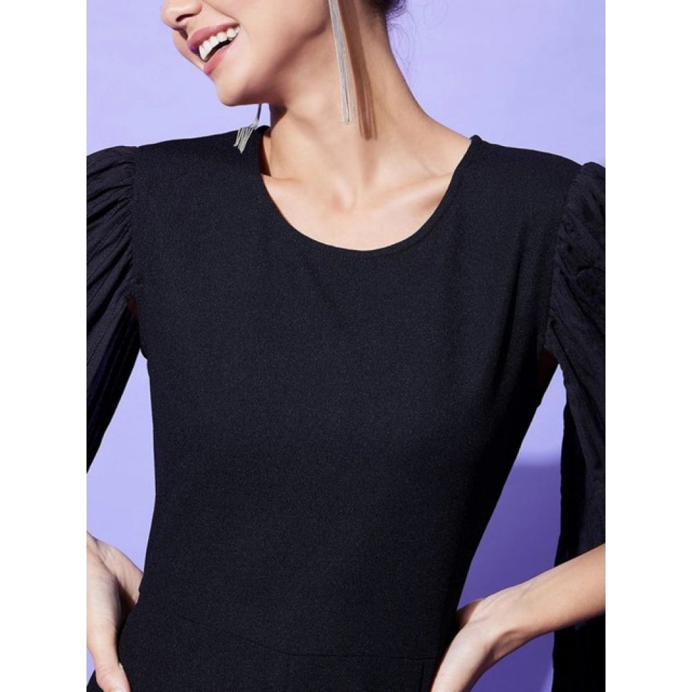 Black polyester solid cape sleeve jumpsuit with concealed zip closure