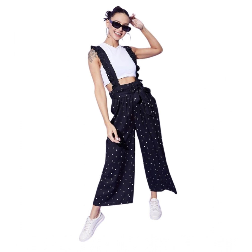 Black rayon pinafore jumpsuit with shoulder straps, ankle length bottom, pull-on closure for women's fashion