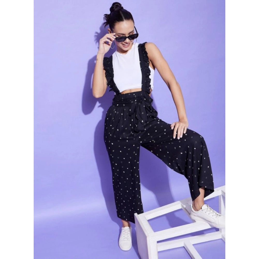 Black rayon pinafore jumpsuit with shoulder straps, ankle-length design for women's casual wear