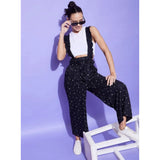 Black rayon pinafore jumpsuit with shoulder straps, ankle-length design for women's casual wear