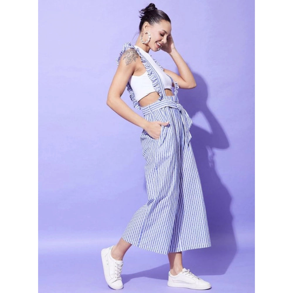 Light blue cotton pinafore jumpsuit with shoulder straps, ankle length, pull-on design