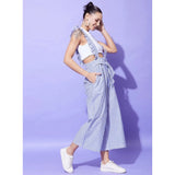 Light blue cotton pinafore jumpsuit with shoulder straps, ankle length, pull-on design