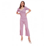 Lavender polyester lycra women's puff sleeve jumpsuit with concealed zip and pant bottom