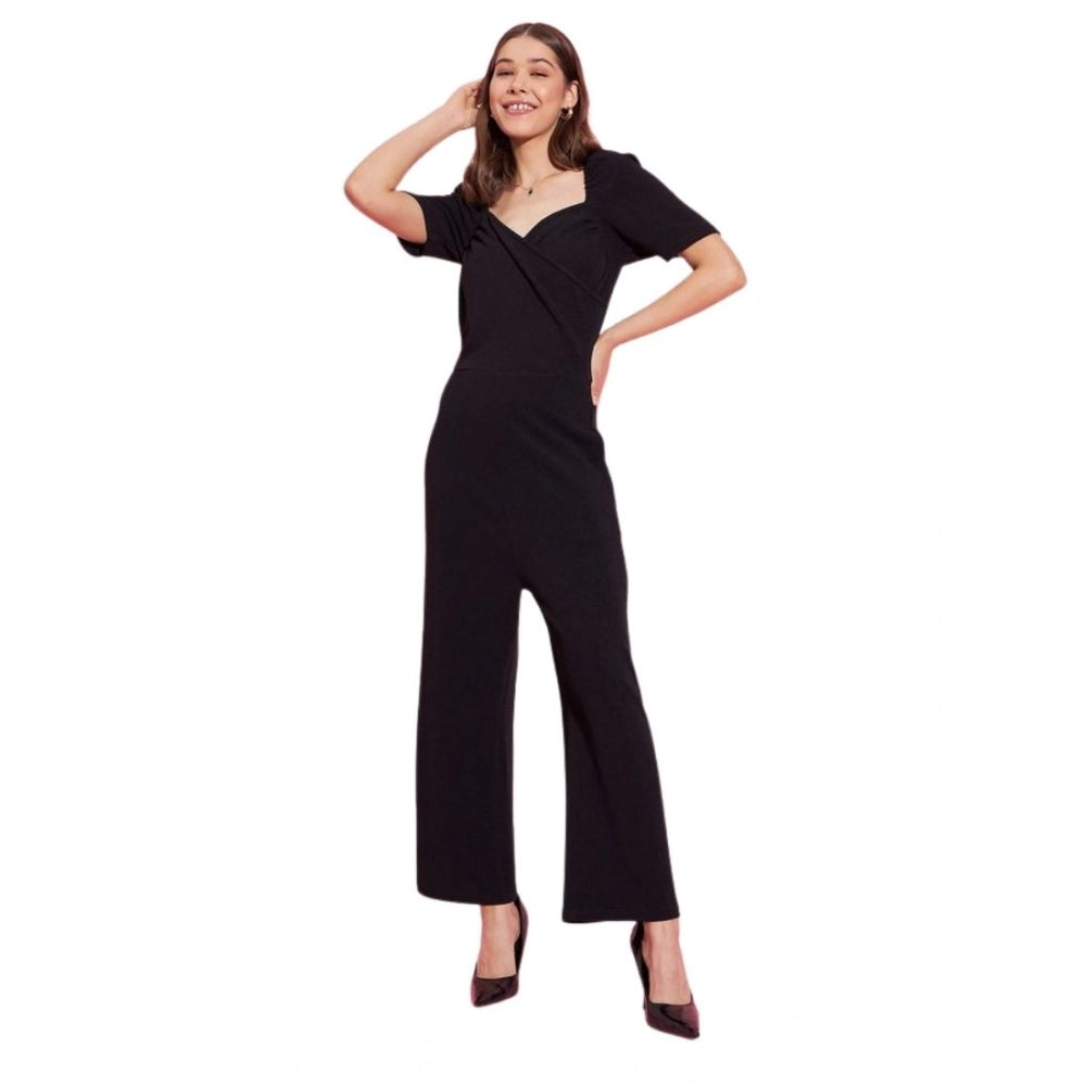 Black polyester lycra women's puff sleeve jumpsuit with sweatheart neck and zip closure