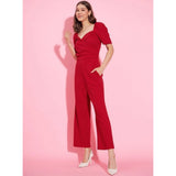 Red polyester lycra puff sleeve jumpsuit with sweatheart neck and ankle length