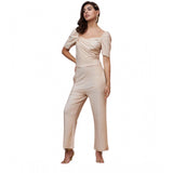 Gold polyester shimmer self-design women's short sleeve jumpsuit with sweatheart neck and zip closure