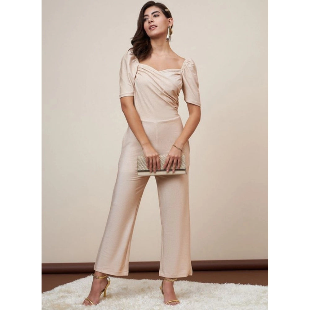 Gold polyester shimmer self-design short sleeve jumpsuit with a sweatheart neck and ankle length bottom