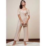 Gold polyester shimmer self-design short sleeve jumpsuit with a sweatheart neck and ankle length bottom