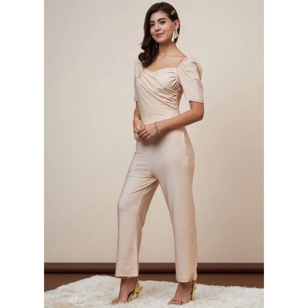 Gold polyester shimmer self-design women's short sleeve jumpsuit with sweatheart neck, ankle length, zip closure