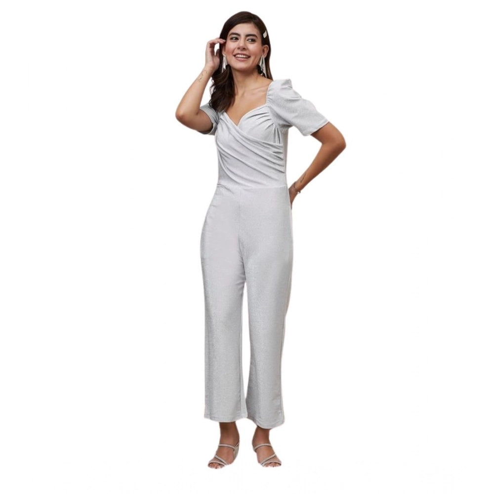 Silver polyester shimmer self-design short sleeve jumpsuit with sweatheart neck and zip closure