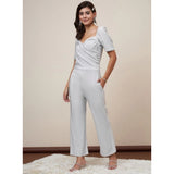 Silver polyester shimmer self-design short sleeve jumpsuit for women with sweatheart neck and zip closure