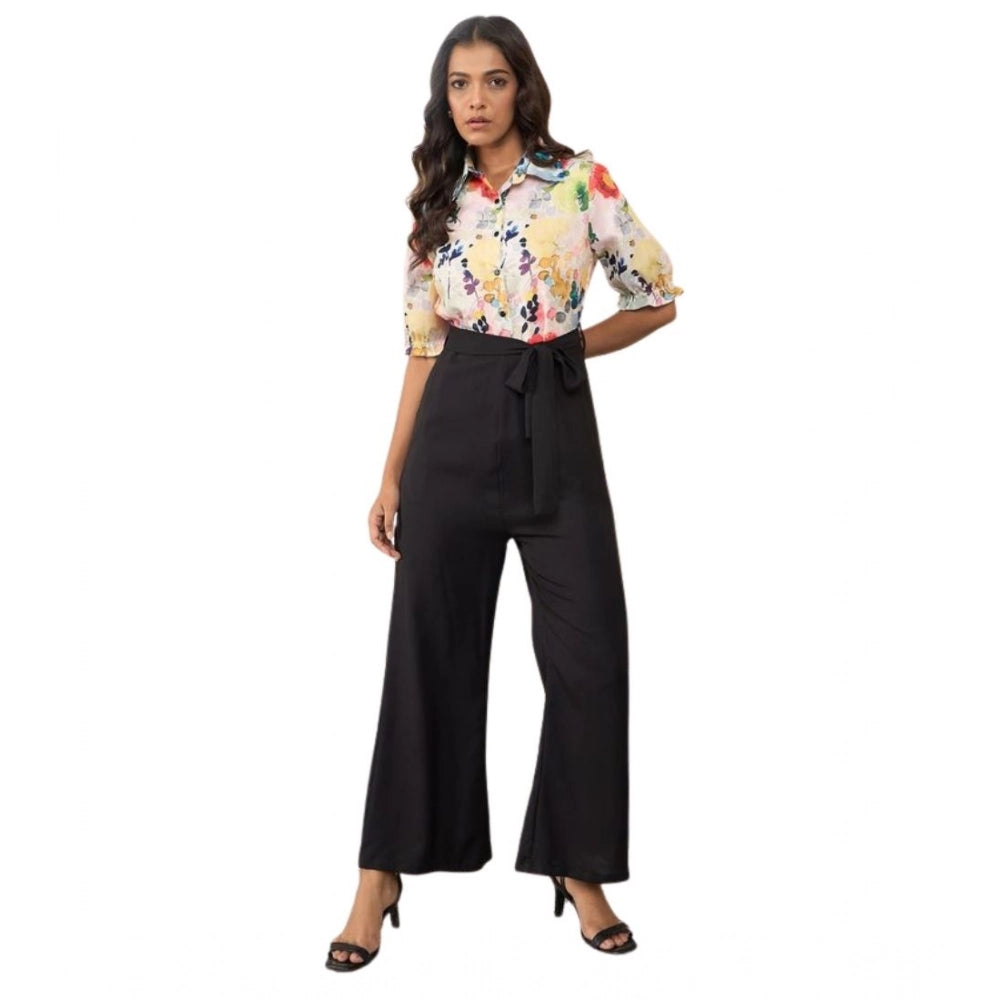 Multicolor floral print polyester women's half-sleeve jumpsuit with shirt collar neck and ankle length, buttons for closure