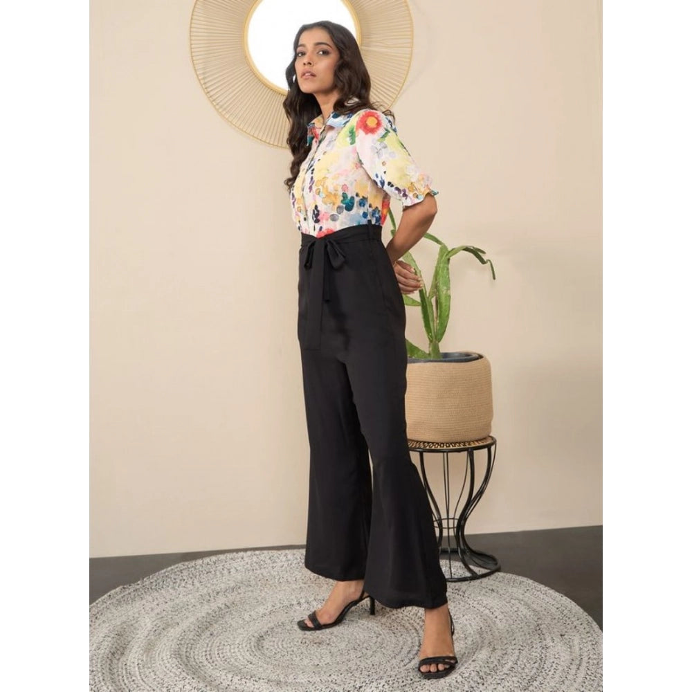 Multicolor polyester floral half-sleeve jumpsuit with shirt collar neck, button closure, and ankle length pant bottom on display