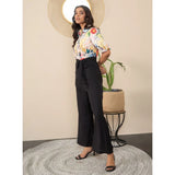 Multicolor polyester floral half-sleeve jumpsuit with shirt collar neck, button closure, and ankle length pant bottom on display