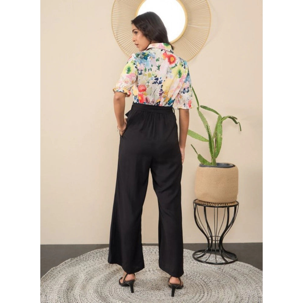 Multicolor polyester floral half-sleeve jumpsuit with shirt collar neck and button closure