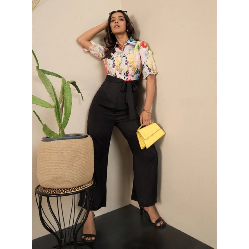 Multicolor floral polyester women's jumpsuit with shirt collar neck, half sleeves, ankle length, button closure, pant style, for casual wear