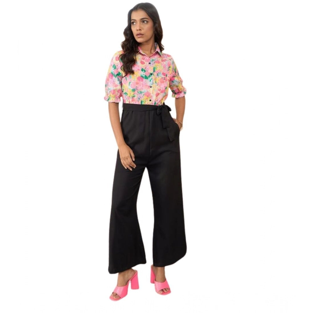 Multicolor polyester floral half-sleeve jumpsuit with shirt collar neck, button closure, ankle length bottom, and pant style for women