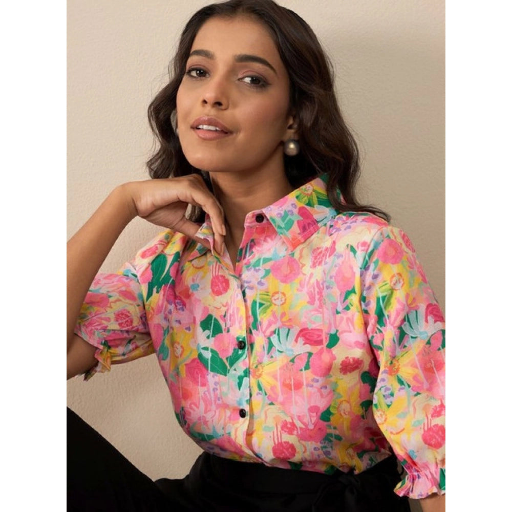 Multicolor floral polyester women's jumpsuit with shirt collar neck, half sleeves, ankle length, button closure, pant style