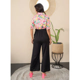 Multicolor floral print polyester women's half sleeve jumpsuit with shirt collar neck, ankle length, and button closure