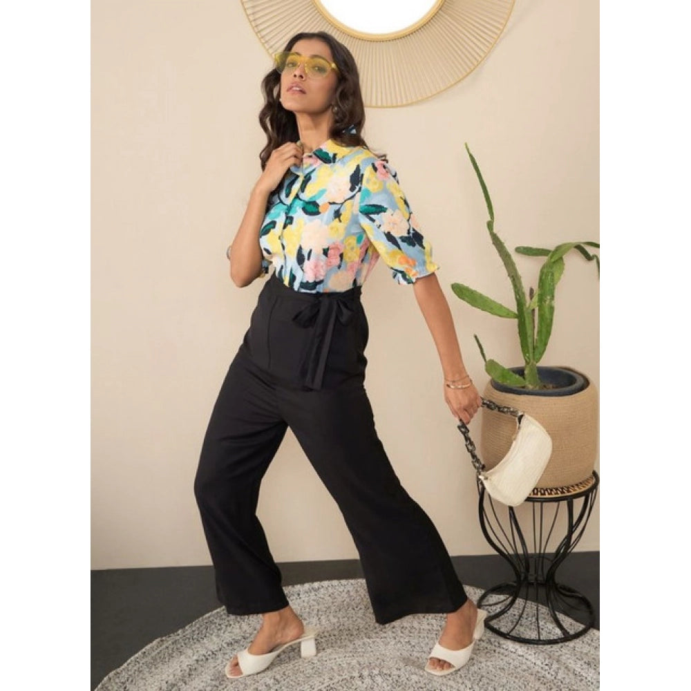 Multicolor floral polyester women's half-sleeve jumpsuit with shirt collar neck and button closure, ankle length pant bottom