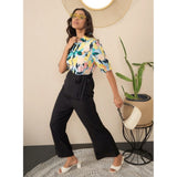 Multicolor floral polyester women's half-sleeve jumpsuit with shirt collar neck and button closure, ankle length pant bottom