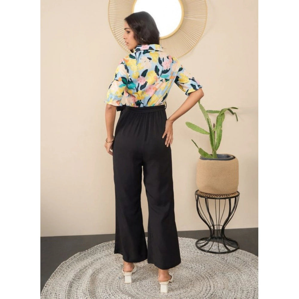 Multicolor floral print polyester women's half sleeve jumpsuit with shirt collar neck, ankle length, button closure, and pant style