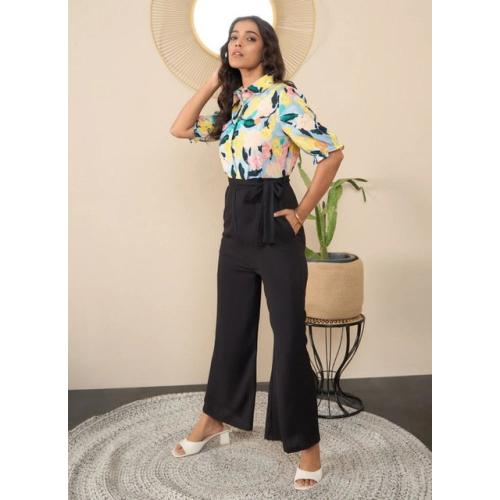 Multicolor polyester floral half-sleeve jumpsuit with shirt collar neck, button closure, and ankle length pants