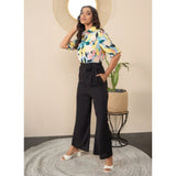 Multicolor polyester floral half-sleeve jumpsuit with shirt collar neck, button closure, and ankle length pants