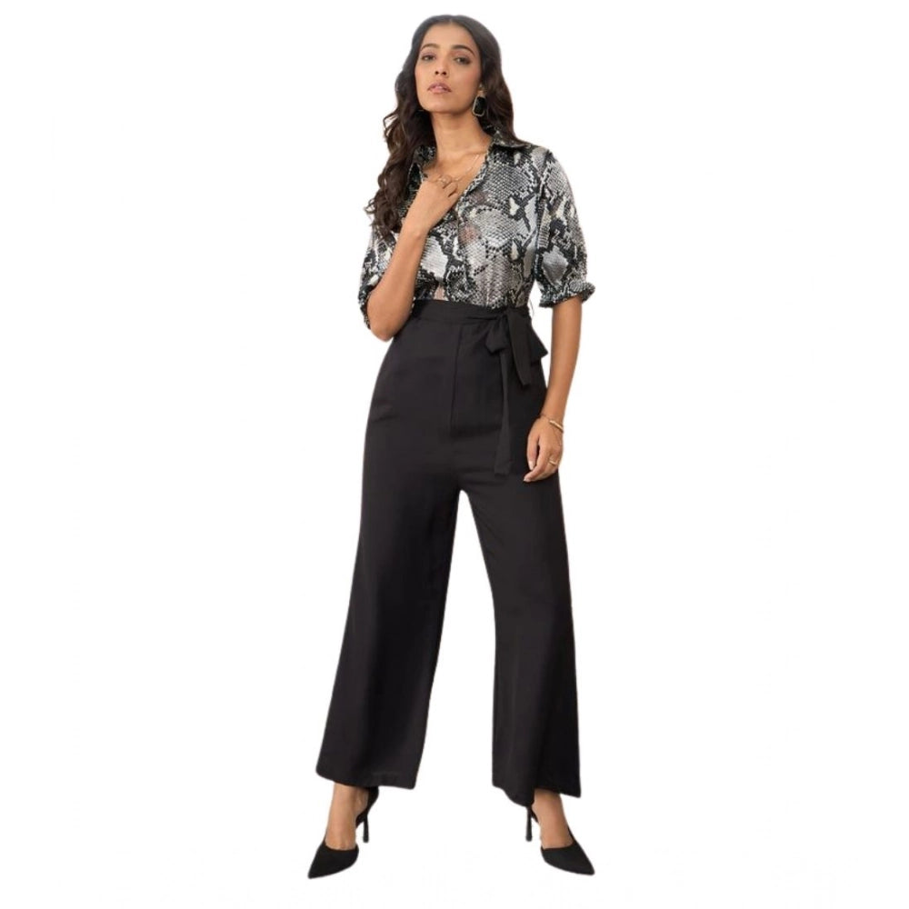 Grey-Black floral half sleeves satin & polyester women's jumpsuit with button closure, ankle length bottom