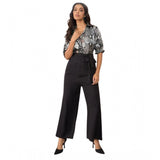 Grey-Black floral half sleeves satin & polyester women's jumpsuit with button closure, ankle length bottom