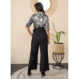 Grey-Black floral print satin and polyester women's jumpsuit with shirt collar neck, half sleeves, ankle length, and button closure