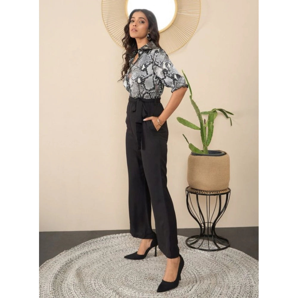 Grey-Black floral half sleeve satin & polyester jumpsuit with shirt collar neck and ankle length pant, button closure