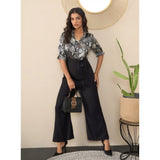 Grey-Black floral print women's satin & polyester half sleeves jumpsuit on hanger