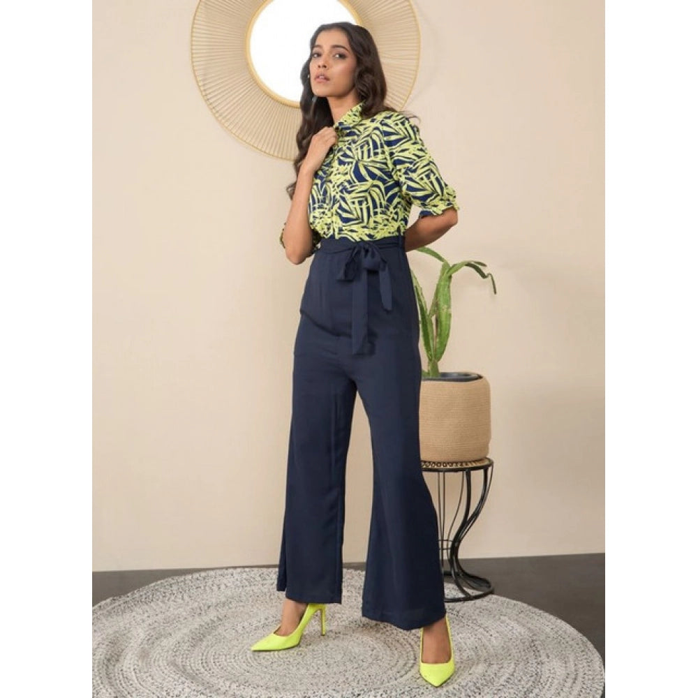 Navy-Yellow polyester floral half sleeves jumpsuit with shirt collar neck, button closure, and ankle length pant bottom
