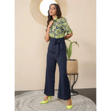 Navy-Yellow polyester floral half sleeves jumpsuit with shirt collar neck, button closure, and ankle length pant bottom