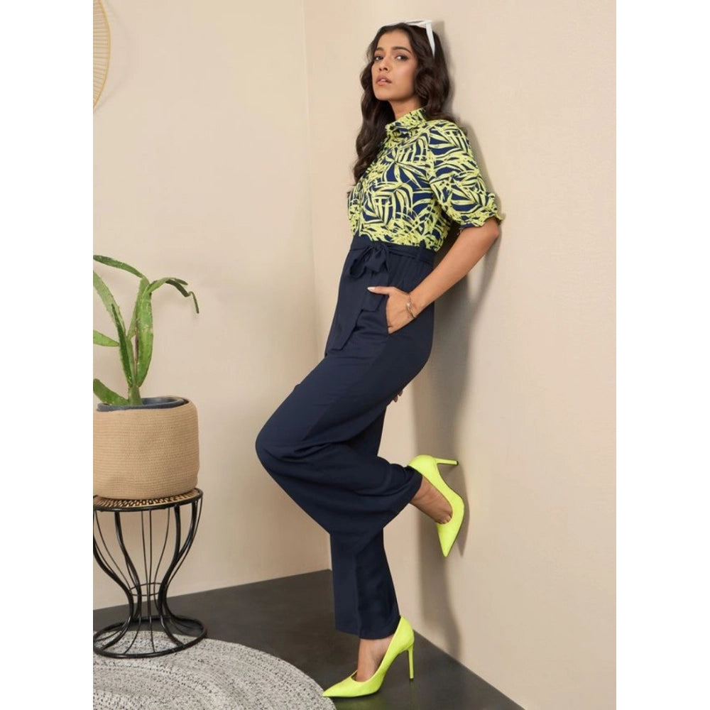 Navy-Yellow polyester floral half sleeves women's jumpsuit with shirt collar neck and ankle length bottom, button closure