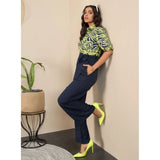 Navy-Yellow polyester floral half sleeves women's jumpsuit with shirt collar neck and ankle length bottom, button closure