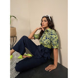 Navy-yellow polyester floral half sleeves jumpsuit with shirt collar neck, button closure, ankle length bottom