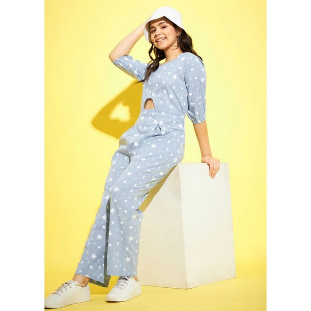 Blue-white cotton printed girl's 3/4th sleeve jumpsuit with square neck and ankle length pant, zip closure