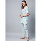 Light blue rayon floral kaftan sleeve set for women, V-neck, ankle length with pant bottom, slip-on closure