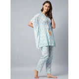 Light blue rayon floral kaftan sleeve set, V-neck, ankle length with slip-on closure and pant bottom style