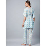 Light Blue Rayon Floral V-Neck Kaftan Sleeve Set with pant bottom, slip-on closure for women's fashion