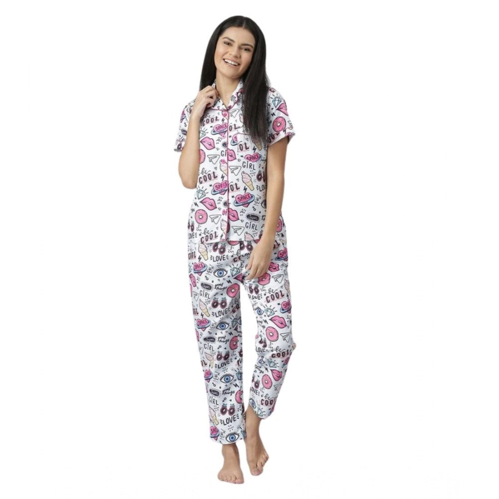 Multicolor cotton blend printed short sleeve night suit for women on display stand