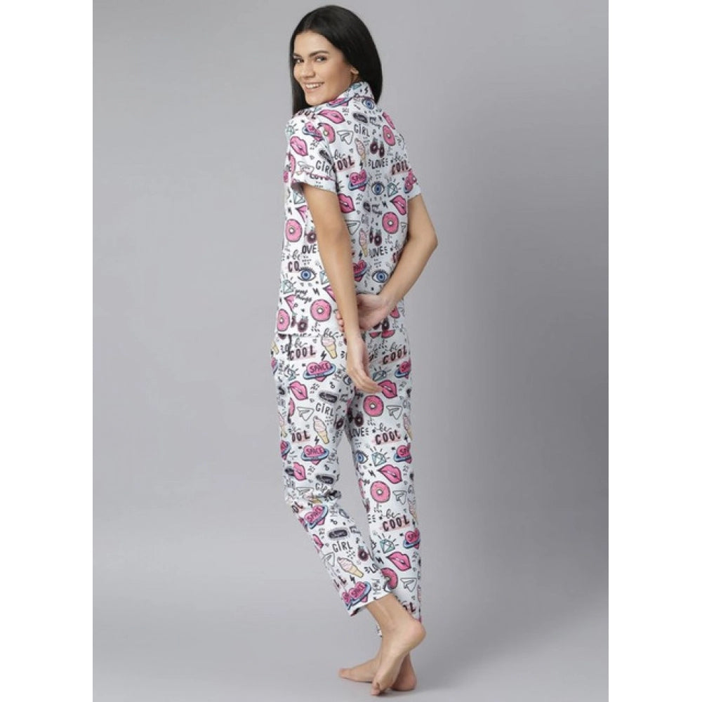 Multicolor printed cotton blend short sleeve night suit for women, lapel collar neck, short sleeves, ankle length, slip-on with button closure