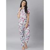 Multicolor cotton blend printed short sleeve night suit for women, lapel collar, short sleeves, ankle length, slip-on with button closure, pant style nightsuit